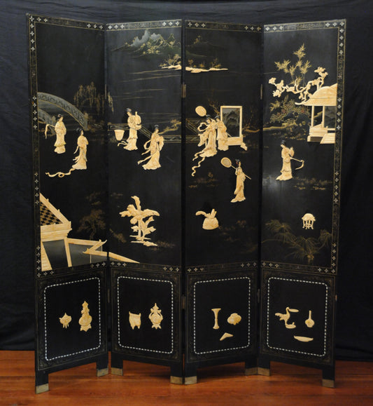 Antique Chinese Four Panel Black Lacquered Screen with Ivory and Mother of Pearl Inlay
