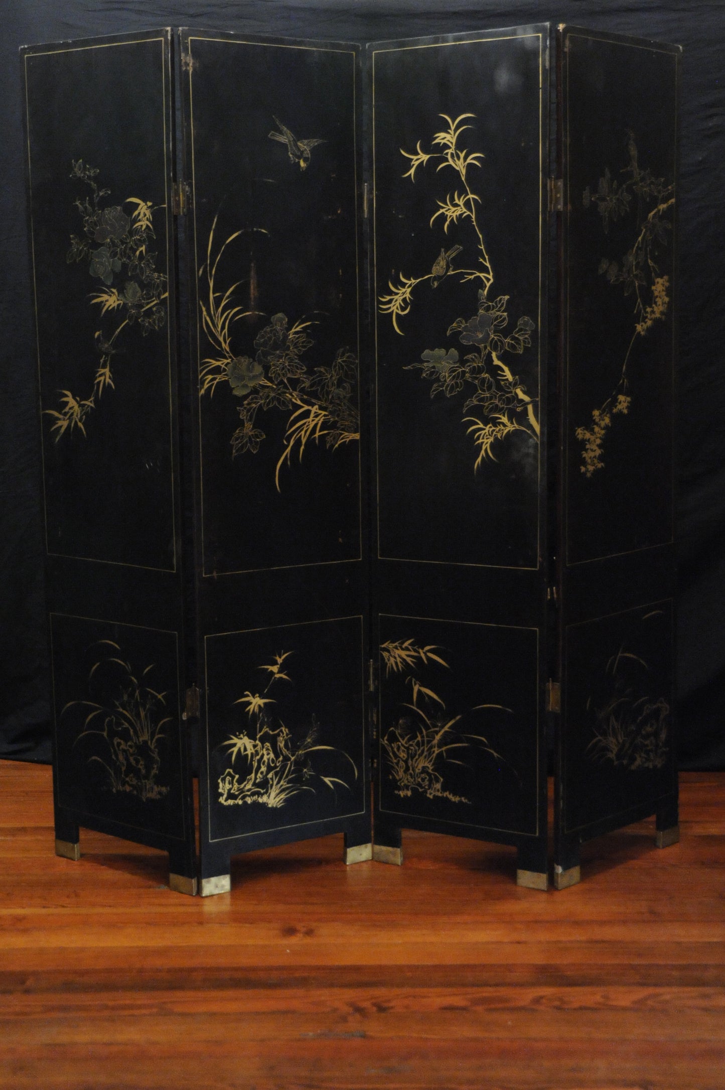 Antique Chinese Four Panel Black Lacquered Screen with Ivory and Mother of Pearl Inlay