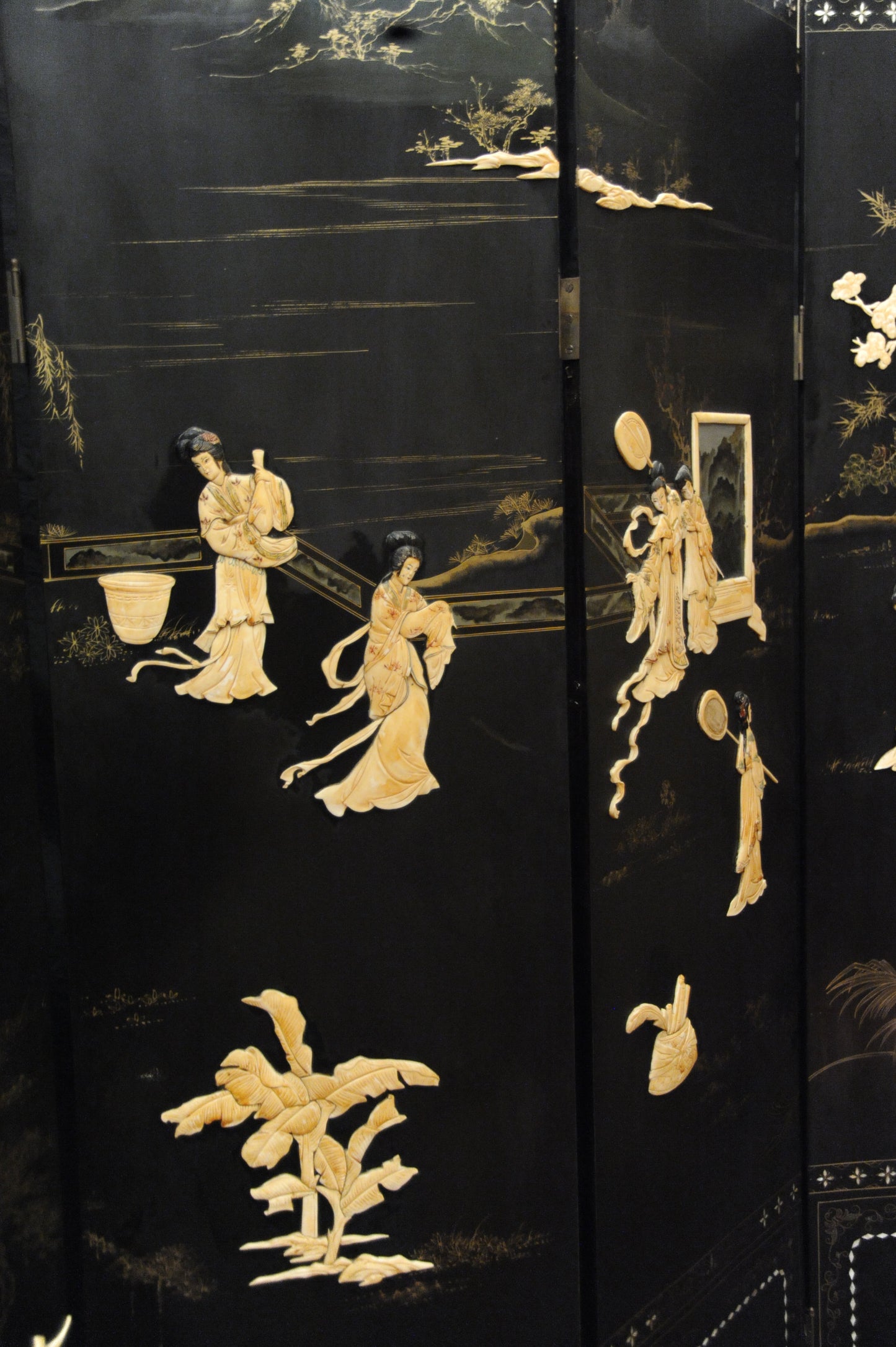 Antique Chinese Four Panel Black Lacquered Screen with Ivory and Mother of Pearl Inlay